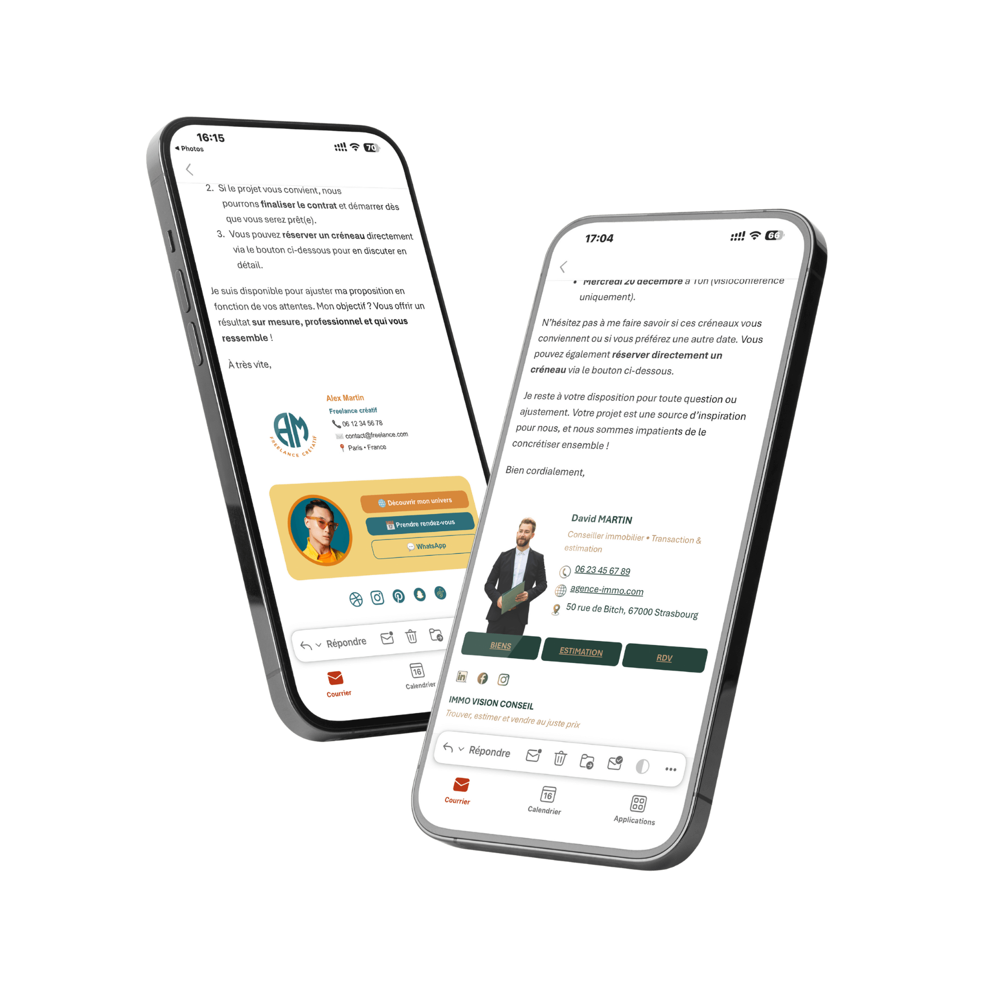 Mockup signature de mail sur mobile pour un freelance et agent immobilier