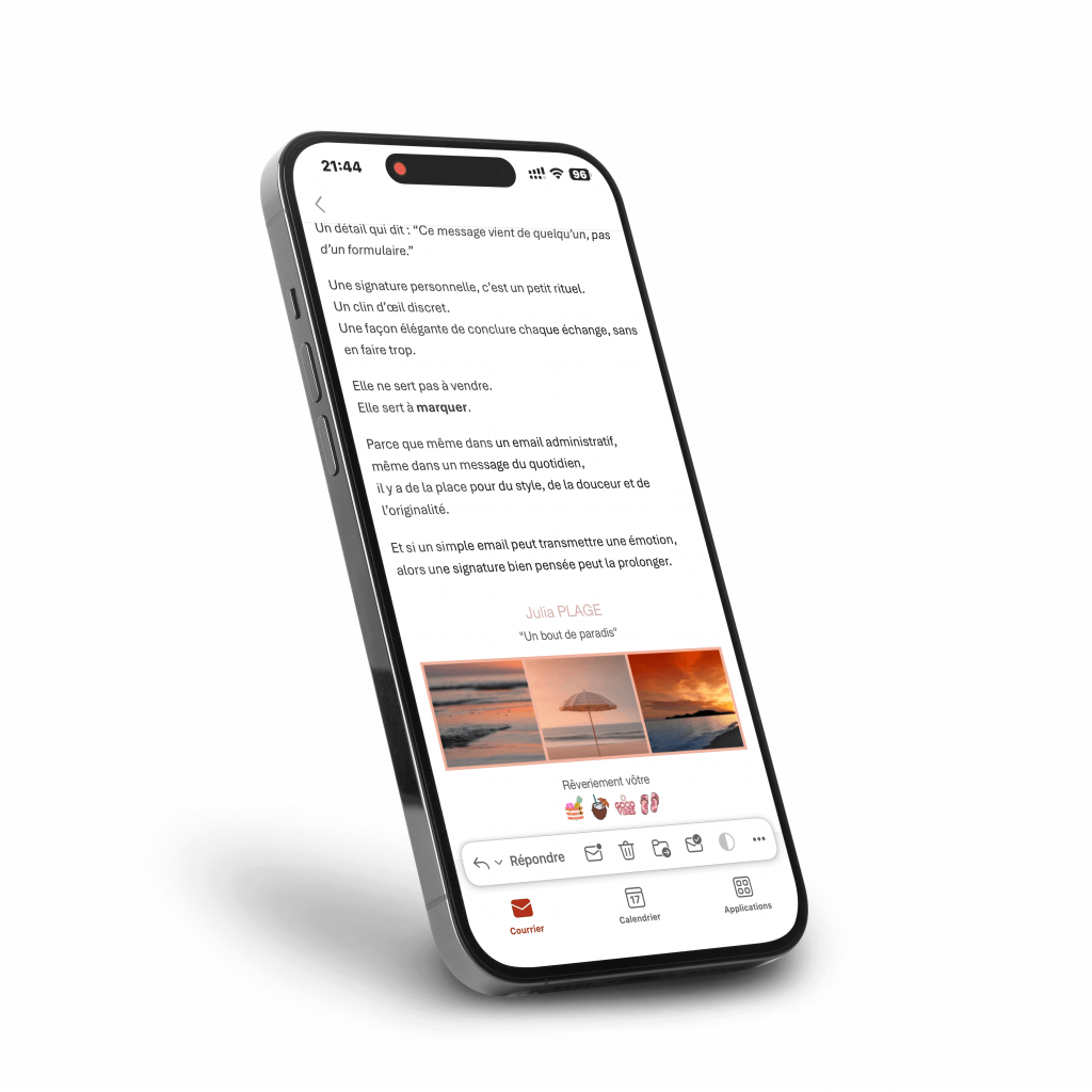 Mockup signature de mail sur mobile pour un particulier qui aime la plage